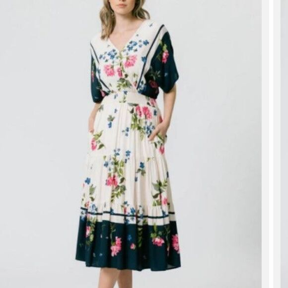 NWOT, Calista navy/ivory floral border surplus tiered midi dress - Picture 1 of 11